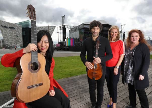 All set for this year's BBC Proms in the Park at the Titanic Slipways in Belfast are presenter Claire McCollum, classical guitar supremo Xuefei Yang, with Broadway and West End star Kim Criswell, and internationally acclaimed mandolinist Avi Avital. Press Eye - Belfast -  Northern Ireland - 07th September 2018 - Photo by William Cherry/Presseye