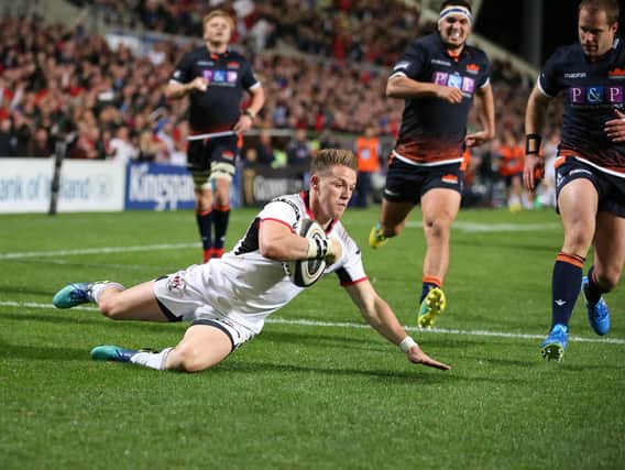 Craig Gilroy scores a try for Ulster