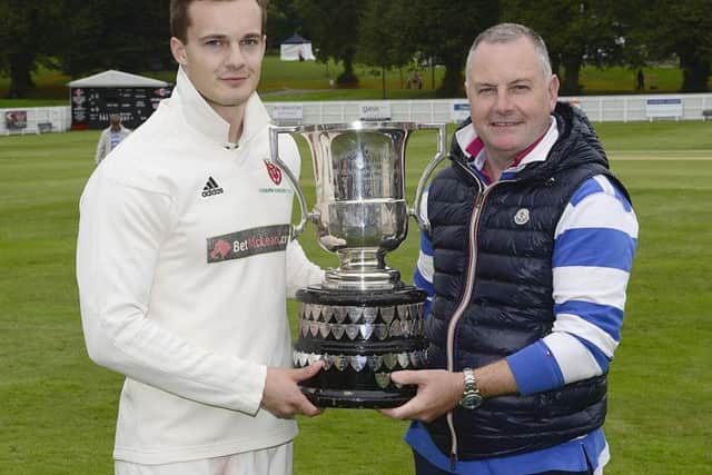 Lisburn captain Adam Berry and David  Robinson pictured with the trophy. Picture By: Arthur Allison.