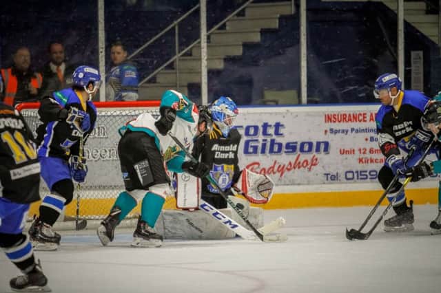 Action from the Belfast Giants's win over the Fyfe Flyers in their Challenge Cup Group B on Sunday. PICTURE: Jillian McFarlane