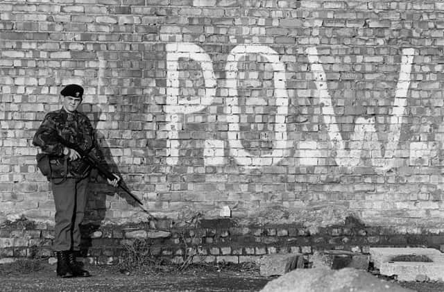 A British soldier beside 'POW' graffitti on Grosvenor Road, Belfast in 1983. Major General Julian Thompson says the British army behaved exceedingly well on the whole during the Troubles. "OK, there  were occasional outbreaks where things were done that shouldnt have been done but when you think it lasted as long as it did, 30 years, I can think of few armies in the world who would have behaved as well as the British army did"
Pacemaker Press Intl.
