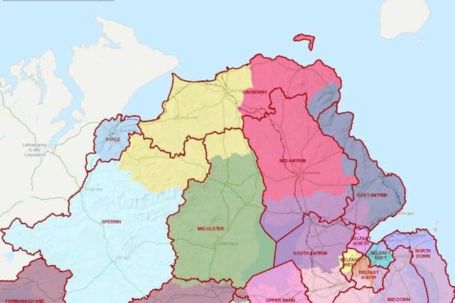 Final boundary revision proposals, published by Boundary Commission NI, 10-09-18.  Map shows the north of NI.

Multicoloured boundaries are current constituencies.
Black boundaries are new ones.