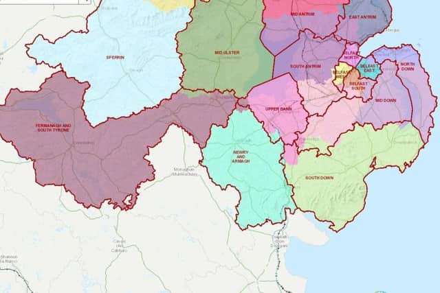 Final boundary revision proposals, published by Boundary Commission NI, 10-09-18.  Map shows the south of NI.

Multicoloured boundaries are current constituencies.
Black boundaries are new ones.