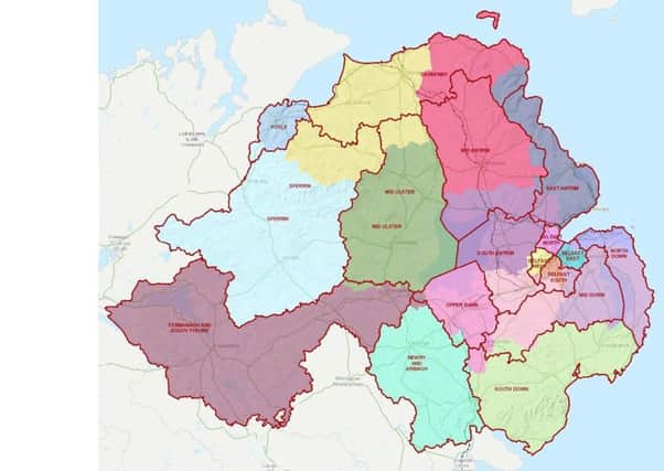 Final boundary revision proposals, published by Boundary Commission NI, 10-09-18
.
Multicoloured boundaries are current constituencies. Black boundaries are new ones.