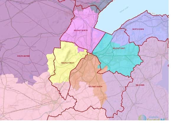 Final boundary revision proposals, published by Boundary Commission NI, 10-09-18.
Multicoloured boundaries are current constituencies. Black boundaries are new ones. 
Picture shows Belfast in detail