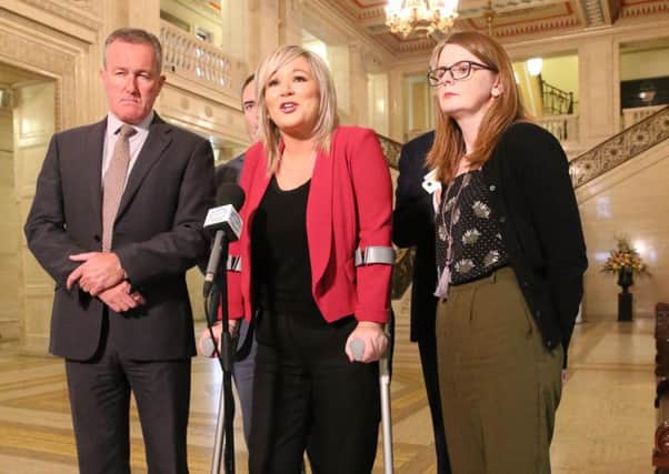 Sinn Fein deputy leader Michelle O'Neill speaking at the Great Hall, Parliament Buildings, Stormont following a meeting with Secretary of State Karen Bradley. 
Picture by Brian Little/PressEye