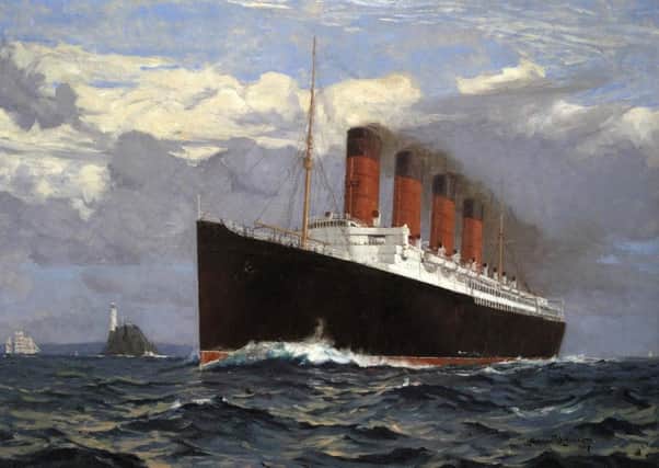 Reverend James Owen Hannay served Holy Communion in the Lusitania's Smoke Room during the First World War.  Painting by Norman Wilkinson