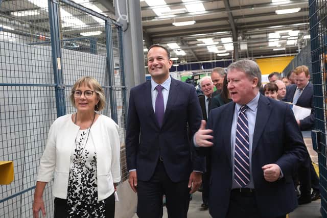 An Taoiseach Leo Varadkar, with Julie Sinnamon, CEO of Enterprise Ireland and Philip O'Doherty, managing director, E&I Engineering, during his visit to the E+I Engineering in Burnfoot, Co Donegal to announce 90 new jobs