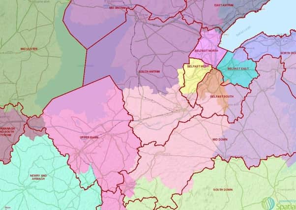 Image from the Boundary Commission, showing the new final electoral boundaries for Upper Bann and Mid Down (in black). The mulicoloured areas are the present boundaries.