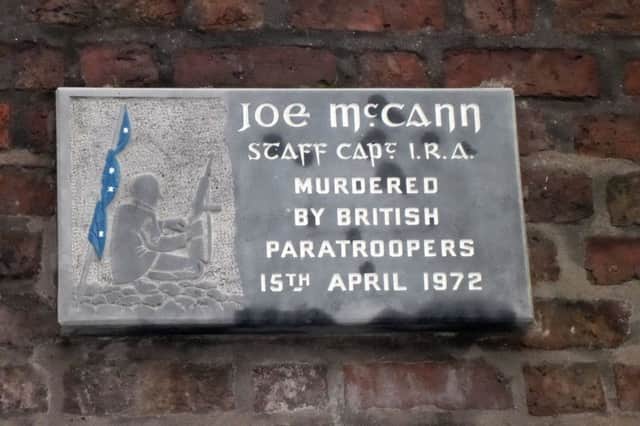 A memorial plaque in Joy Street in the Markets area of Belfast where IRA man Joe McCann was shot dead in 1972.