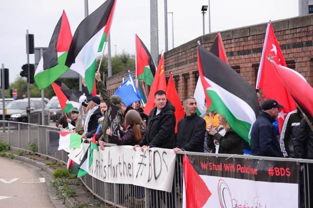 Pro-Palestine campaigners held a demonstration at the Broadway junction ahead of Northern Ireland's match against Israel. Picture by: Arthur Allison/Pacemaker.