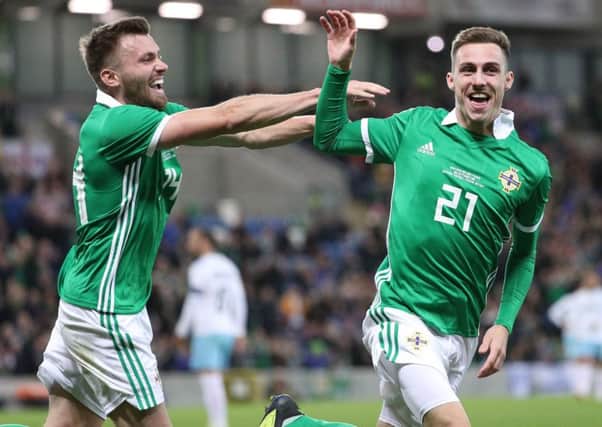 Northern Ireland's Gavin Whyte celebrates scoring his goal on his debut against Israel