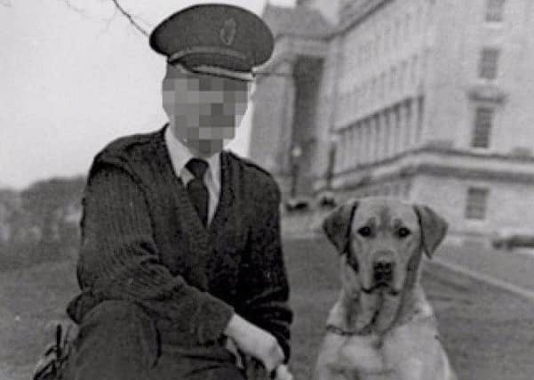 The promotional image for the play In Search of Hope which is includes a pixelated RUC officer and his police dog