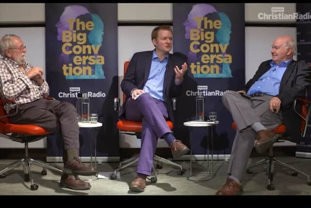 Prof John Lennox (Oxford) with 
Prof Michael Ruse (Florida State) and compere Justin Brierley
