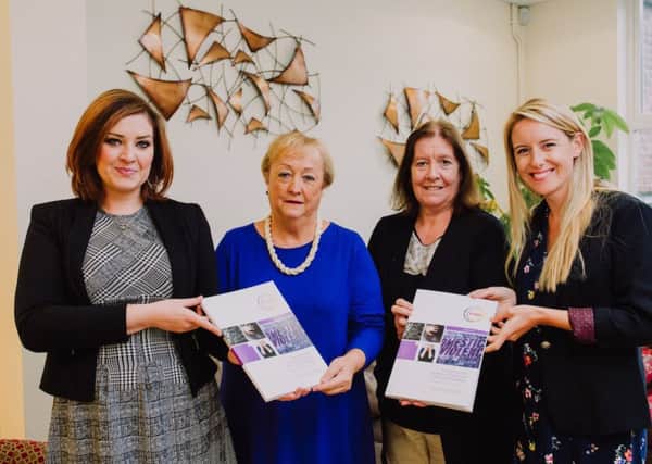 Pictured at the launch of the domesitic violence report, are, from left,  Womens Aid Policy Officer Louise Kennedy, Ulster University Emeritus Professor Monica McWilliams, Team leader Belfast and Lisburn Womens Aid Noelle Collins and Ulster University Research Associate Dr Jessica Doyle.