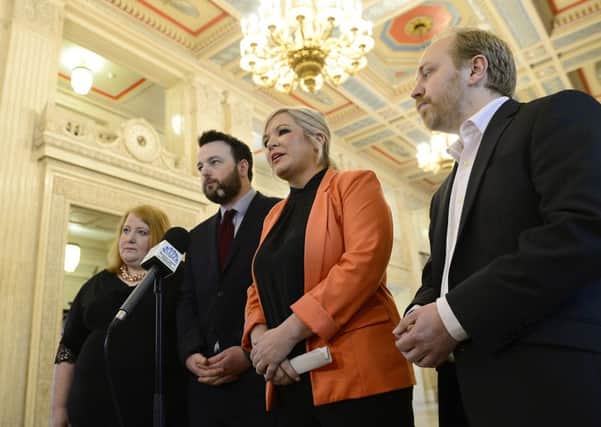 Gang of four at Stormont earlier this year: From left, Naomi Long, Alliance, Colum Eastwood, SDLP, Michelle ONeill, Sinn Fein, Steven Agnew, Greens.
Picture by Arthur Allison. Pacemaker Press