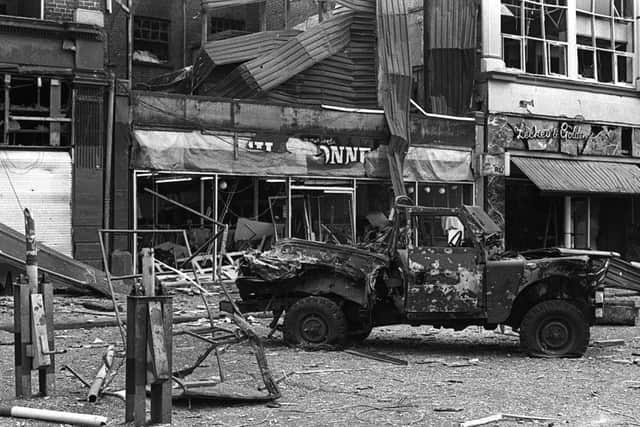 The aftermath of an IRA bomb in Belfast city centre in 1987 in which two UDR men were murdered