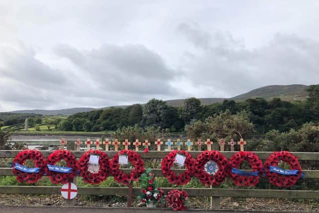 Undated handout photo issued by the Memorial to the Narrow Water Massacre of new wreaths at the site of the IRA murder of 18 soldiers at Narrow Water, near Warrenpoint in Co Down, after the old ones were desecrated. Police are treating the act of vandalism as a hate crime.