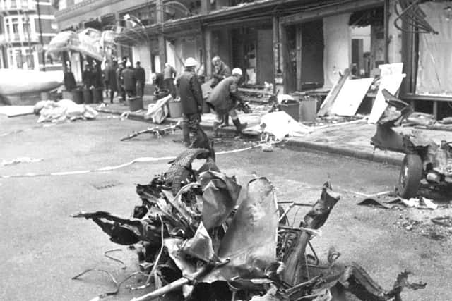 The remains of the Austin 1100 used in the IRA car bomb attack outside Harrods Store, in London, days before Christamas 1983. Inspector Dodd was trying to move people away from the scene