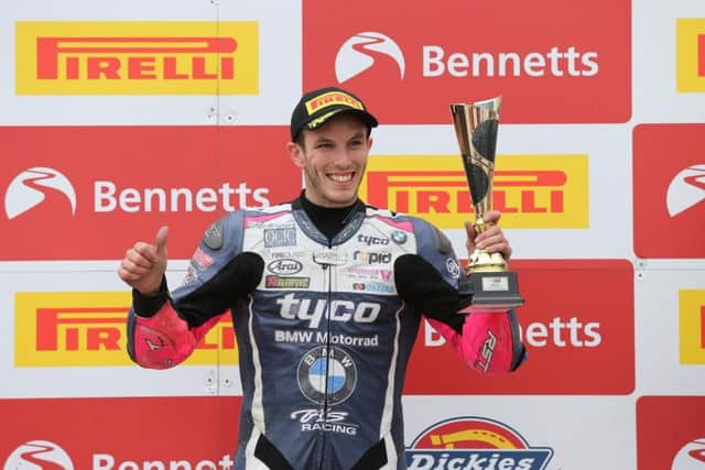 Keith Farmer leads the British Superstock 1000 championship following victory in race two at Oulton Park on the Tyco BMW.