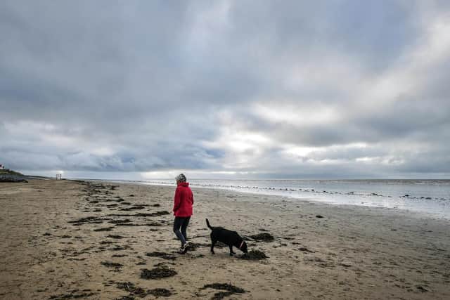 A woman walks her dog on Pendine Sands, Camarthenshire, as forecasters have downgraded warnings that Storm Helene could pose a risk to life when it hits this week, but warned coastal communities to stay vigilant