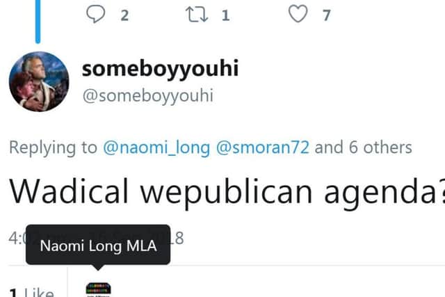 A screen grab of Naomi Long's 'like' for a tweet ridiculing Jamie Bryson's speech impediment.