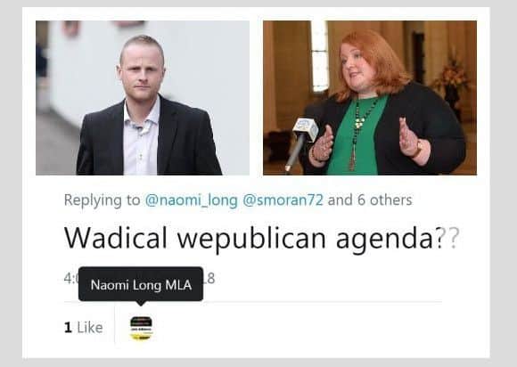Loyalist blogger Jamie Bryson, Alliance leader Naomi Long and the post she liked on Twitter