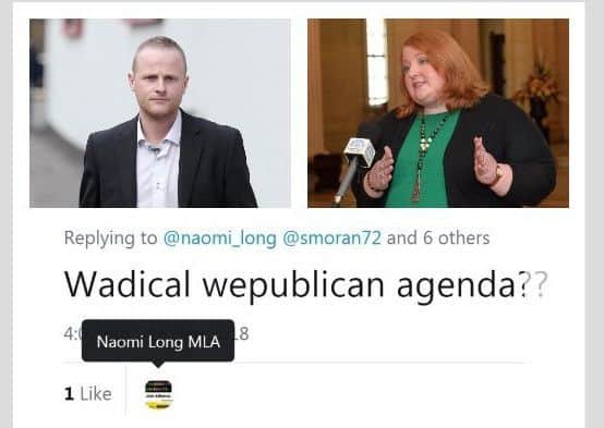Jamie Bryson, Alliance leader Naomi Long and the post aimed at him which she 'liked' on Twitter