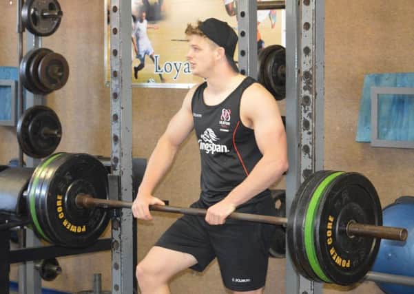 Ulster try scorer against Southern Kings, Angus Kernoham in the gym at the training base in Blomfiontein