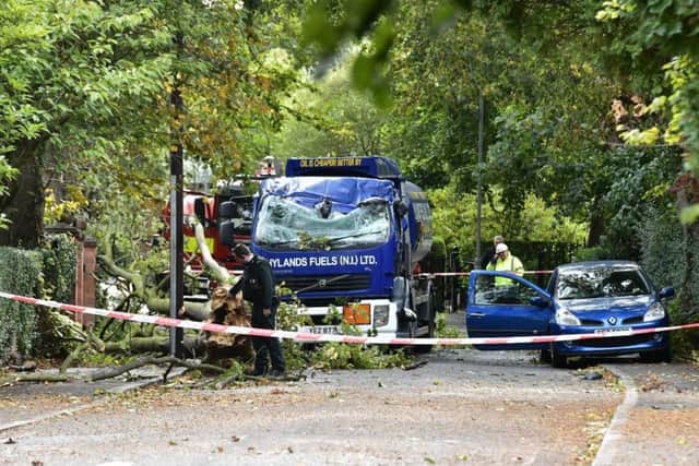 Osborne Park in south Belfast was cordoned off after a falling tree hit an oil delivery lorry during the heavy winds on Wednesday morning. Pic by Colm Lenaghan /Pacemaker