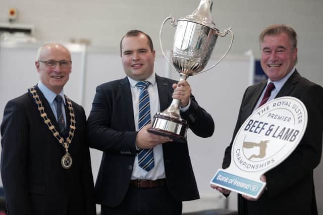 RUAS President Cyril Millar, Richard Primrose Agri Manager for Bank of Ireland UK and RUAS Chief Executive Alan Crowe pictured with the renowned Allams Cup at the launch of the first Royal Ulster Premier Beef & Lamb Championships.