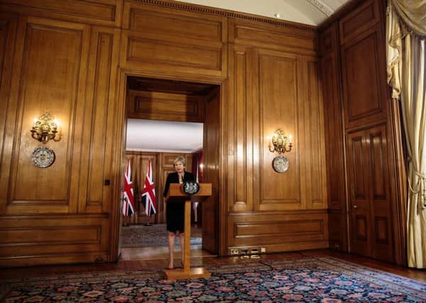 Prime Minister Theresa May speaking in Downing Street on Friday in the aftermath of the Salzburg summit, saying that the EU must respect the UK in Brexit talks. She strongly defended Northern Ireland's place in the UK. Photo: Jack Taylor/PA Wire