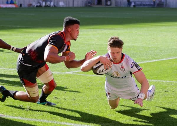 Angus Kernohan of Ulster scores a try