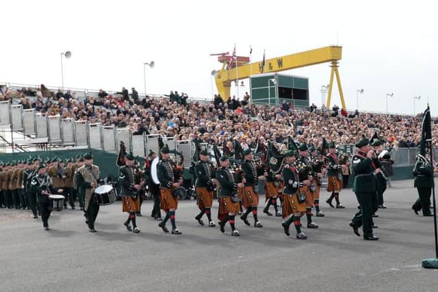 The Band of the Royal Irish Regiment on parade in front of 6,500 spectators at Titanic Slipways