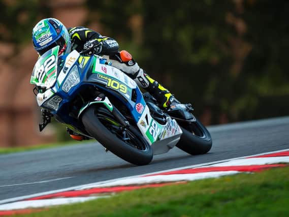 Eunan McGlinchey on his way to victory in the British Junior Supersport class at Oulton Park on the team 109 Kawasaki. Picture: James McCann.