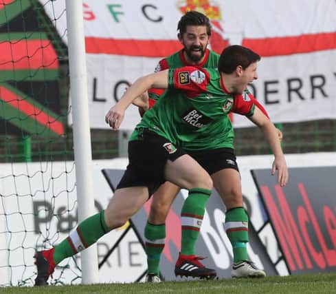 Curtis Allen celebrates with defender William Garrett after his goal on Saturday.  Photo Aidan O'Reilly/Pacemaker Press