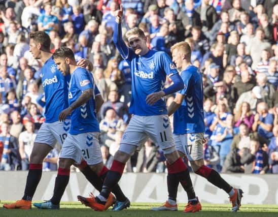 Rangers Kyle Lafferty (11) celebrates after he scored the fourth goal during the Ladbrokes Scottish Premiership match. Photo credit: Ian Rutherford/PA Wire.