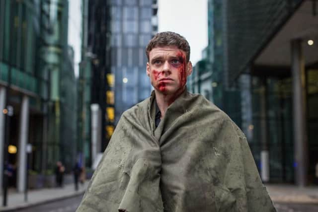 BBC handout file photo of Richard Madden as David Budd, covered in blood in the finale of BBC One drama Bodyguard a
