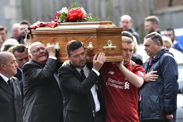 Family and Friends attend the funeral of Matthew Campbell at Fleming & Cuthbert Funeral Home in  Ballyclare today. Photo: Colm Lenaghan/Pacemaker Press