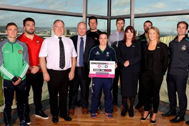 Launching ConcussionNI, a new online concussion management resource for local sport (from left) Commonwealth Games boxing silver medallist Brendan Irvine, Ulster Rugby player Marty Moore, Robert Heyburn from the Department for Communities, Sport NI Sports Physician Dr Alan Rankin, Tyrone GAA All-Star Sean Cavanagh, Ireland Hockey World Cup silver medallist Shirley McCay, former Ulster and Ireland Rugby star Andrew Trimble, Sport NI Chief Executive Antoinette McKeown, Cricket Ireland squad member Stuart Thompson, Sport NI Head Physiotherapist Dr Kerry Kirk and Shane Johnson from the Belfast Giants.