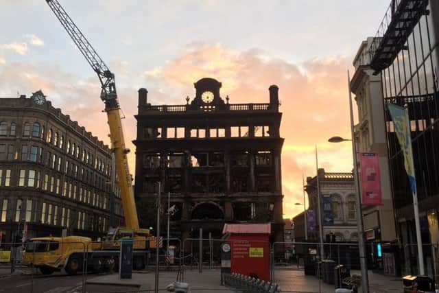 The Bank Buildings at Castle Junction, which was gutted by fire last month. Work is continuing to assess the stability of the remaining structure