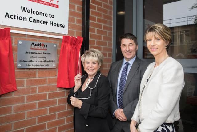 Gloria Hunniford OBE (Action Cancer Patron), Gareth Kirk (Action Cancer Chief Executive) and Ashley Hurst (Action Cancer Ambassador) pictured at the official opening of Action Cancer's Screening Centre and Therapeutic Centre