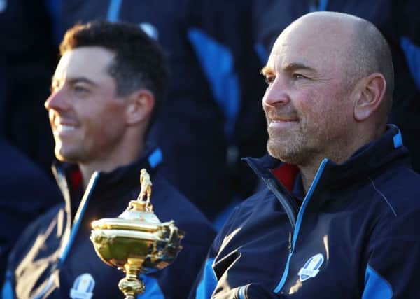 Team Europe captain Thomas Bjorn (right) and Team Europe's Rory McIlroy during a photocall