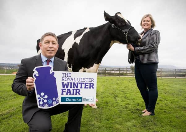 Rodney Brown, Head of Agribusiness at Danske Bank and Rhonda Geary, RUAS Operations Director announce Danske BankÃ¢Â¬"s continued sponsorship of The Royal Ulster Winter Fair.