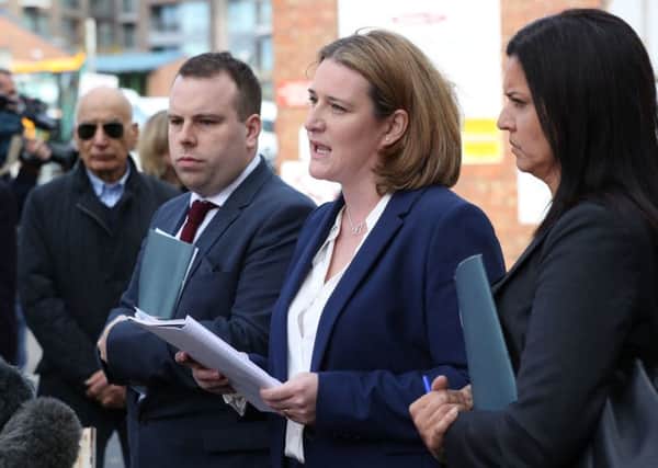 Ednan-Laperouse family lawyer, Jill Paterson (centre), speaks to press outside West London Coroners Court, following the conclusion of the inquest into the death of Natasha Ednan-Laperouse, 15, from Fulham, who died after she fell ill on a flight from London to Nice after eating a Pret A Manger sandwich at Heathrow Airport. Photo credit: Jonathan Brady/PA Wire