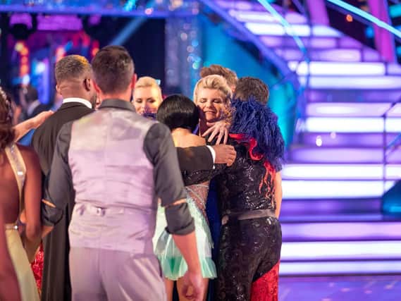 Susannah Constantine being surrounded by colleagues after she and Anton Du Beke become the first couple to be voted out of BBC1's Strictly Come Dancing.