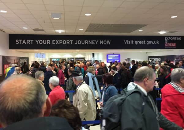 Many passengers at Belfast International Airport took to social media to complain about what they saw as chaotic congestion at check-in this morning, 1 October 2018. Photo: Mary McKenna.