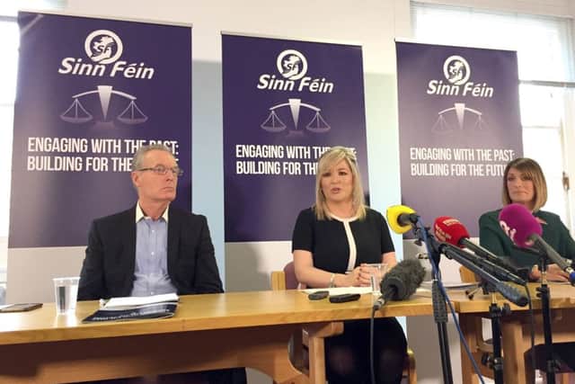 (Left to right) Gerry Kelly, Michelle O'Neill and Linda Dillon of Sinn Fein at Parliament Buildings, Stormont, during a press conference as the party launched its response to the government consultation on legacy