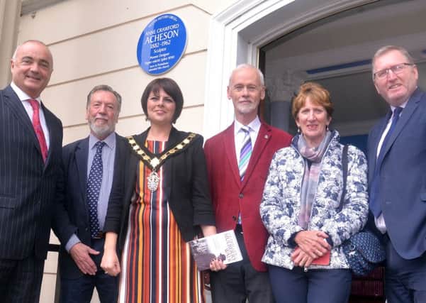 Pictured at the unveiling of an Ulster History Circle Blue Plaque in memory of local woman, Anne Acheson at Edenderry Presbyterian Church are from left, Richard Hanna, Ulster Scots Agency, Chris Spurr, Ulster History Circle, Mayor of ABC Council, Councillor Julie Flaherty, Rev John Faris, great nephew of AAnne Acheson, Mrs Heather Faris and Doug Beattie, MC, MLA. INPT41-226.