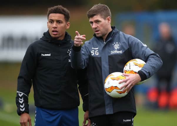 Ranger's James Tavernier and manager Steven Gerrard during a training session at the Hummel Training Centre, Glasgow